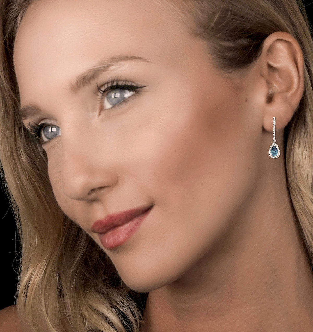 Diana Blue Lab Diamond 1.48ct Pear Halo Drop Earrings in 18K White Gold - Elara Collection