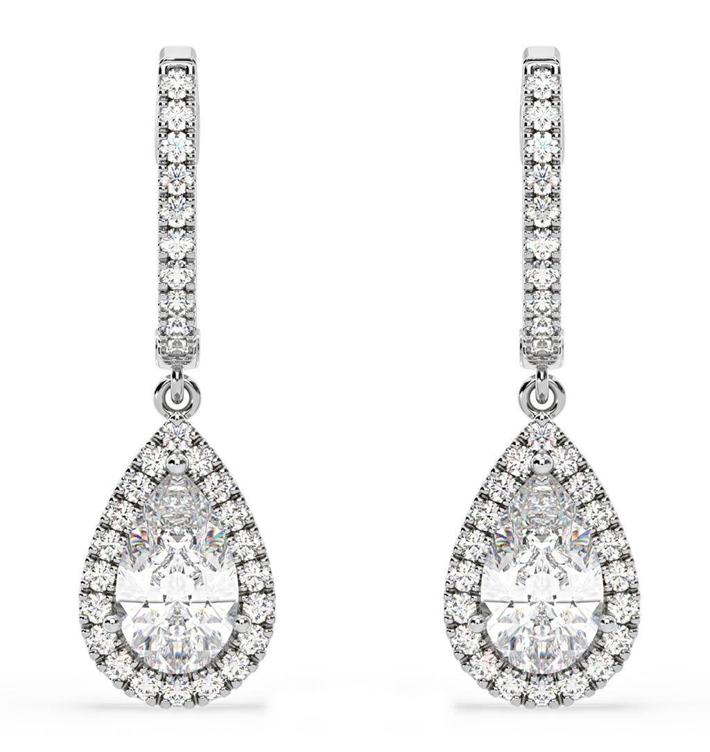 Diana Pear Lab Diamond Halo Drop Earrings 2.60ct in 18K White Gold F/VS1