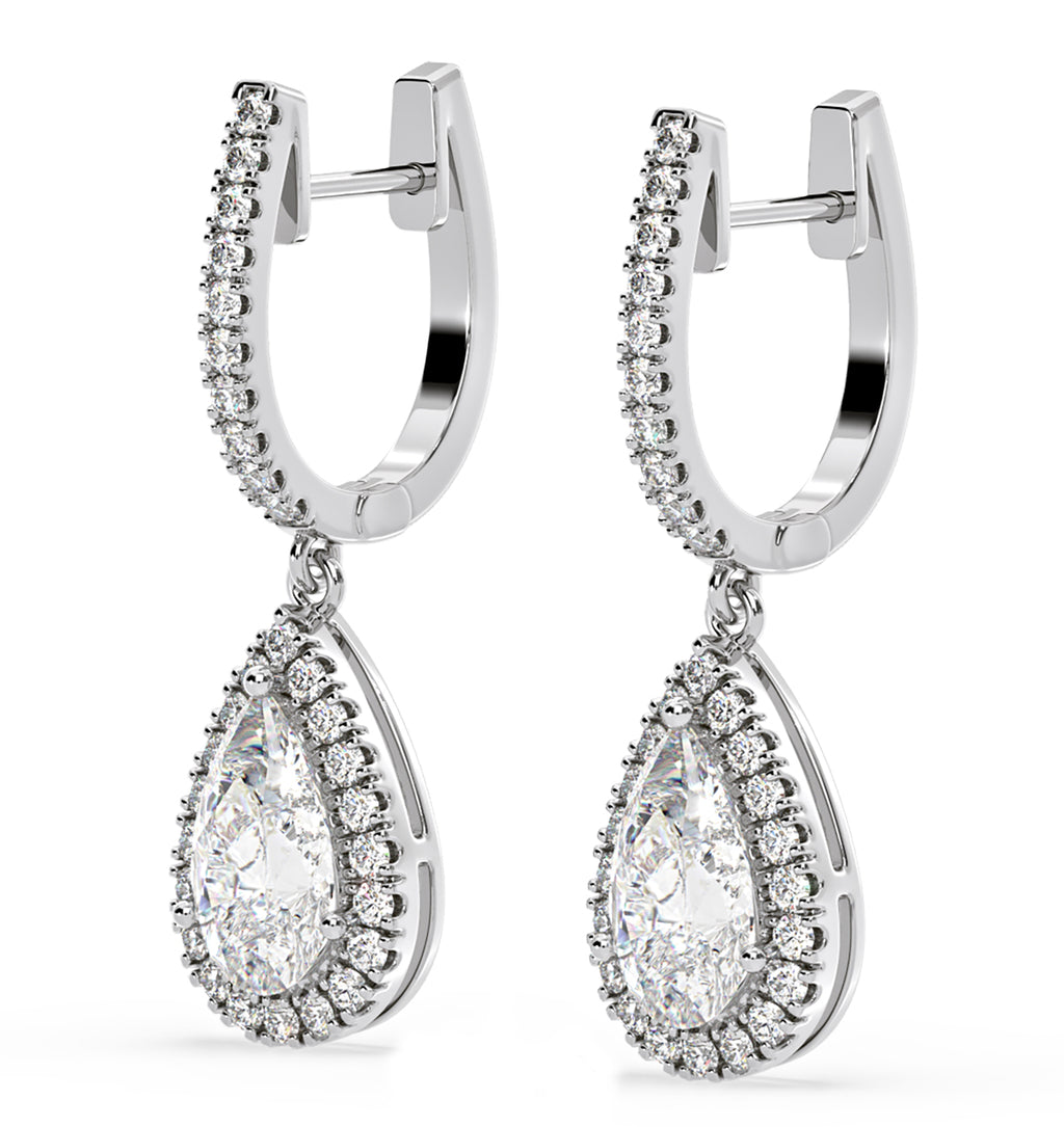 Diana Pear Lab Diamond Halo Drop Earrings 2.60ct in 18K White Gold F/VS1