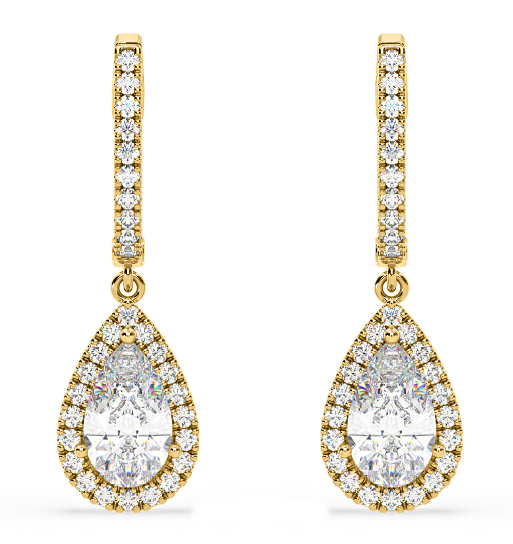 Diana Pear Lab Diamond Halo Drop Earrings 2.60ct in 18K Yellow Gold F/VS1