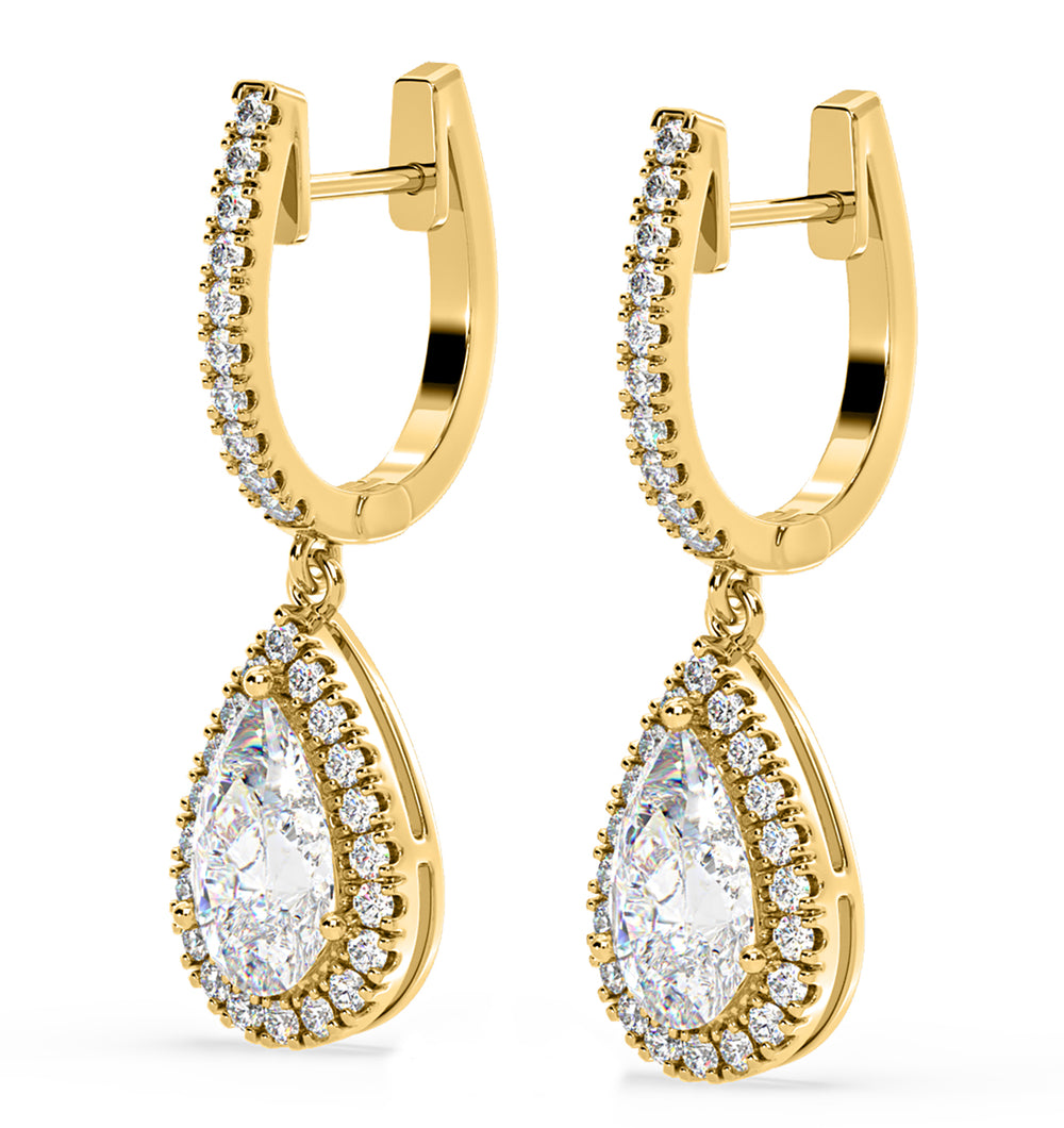 Diana Pear Lab Diamond Halo Drop Earrings 2.60ct in 18K Yellow Gold F/VS1