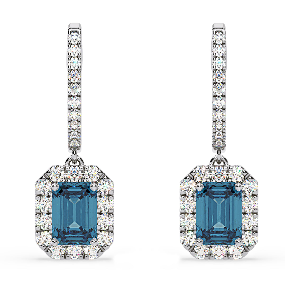Annabelle Blue Lab Diamond 2.78ct Emerald Cut Halo Earrings in 18K White Gold - Elara Collection