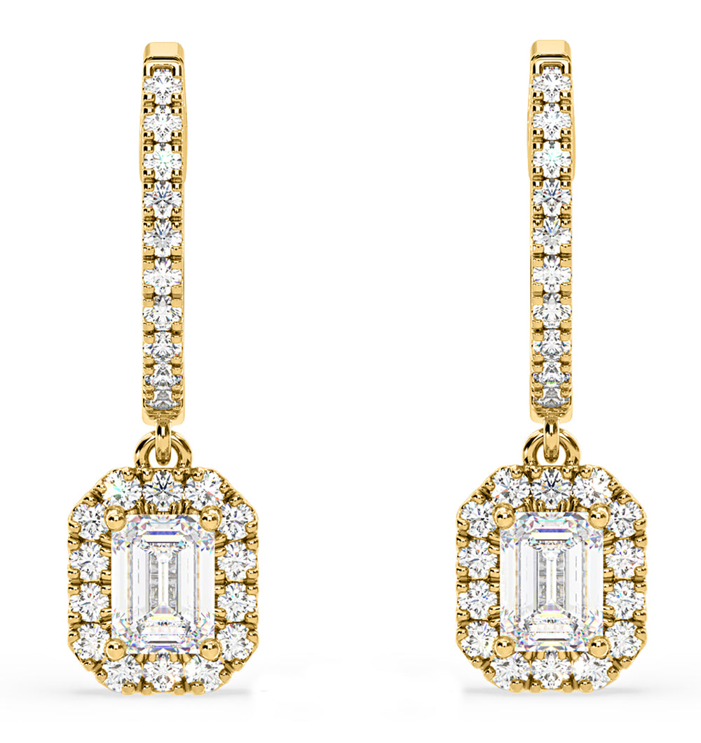 Annabelle Emerald Cut Lab Diamond Halo Drop Earrings 1.48ct in 18K Yellow Gold F/VS1