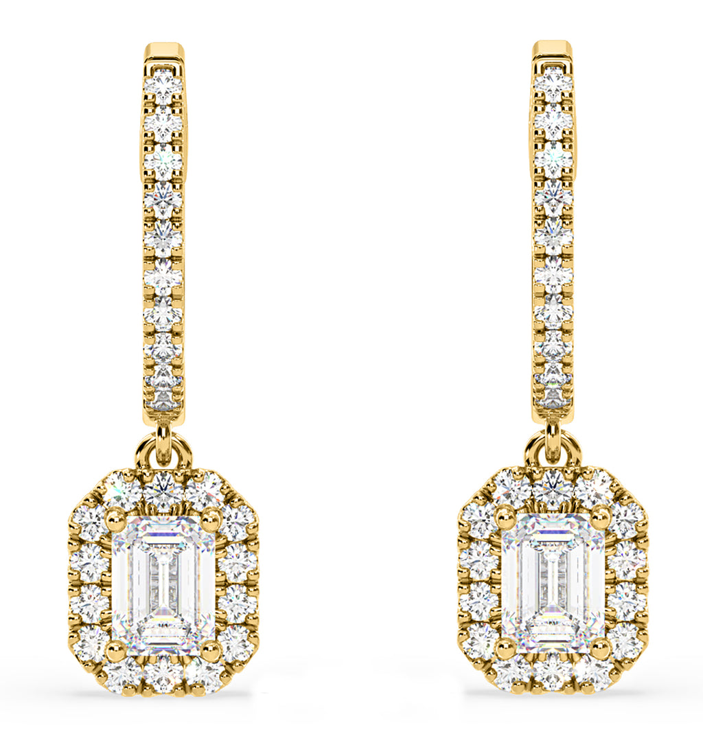 Annabelle Emerald Cut Lab Diamond Halo Drop Earrings 1.48ct in 18K Yellow Gold F/VS1