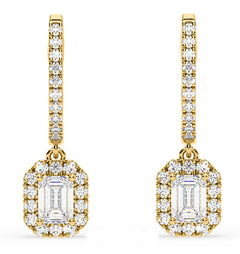Annabelle Emerald Cut Lab Diamond Halo Drop Earrings 1.48ct in 18K Yellow Gold F/VS1