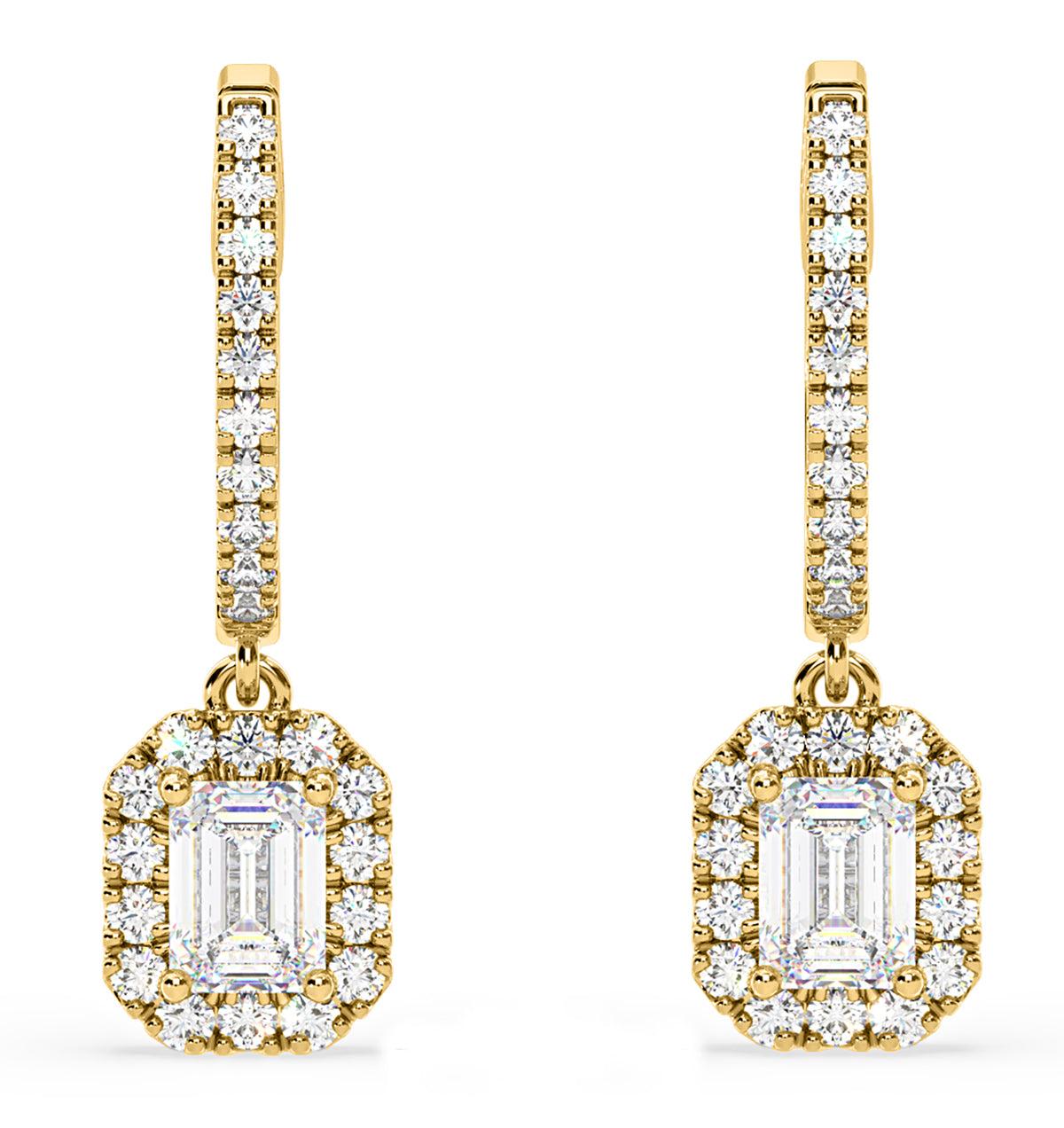 Annabelle Emerald Cut Lab Diamond Halo Drop Earrings 1.48ct in 18K Yellow Gold F/VS1