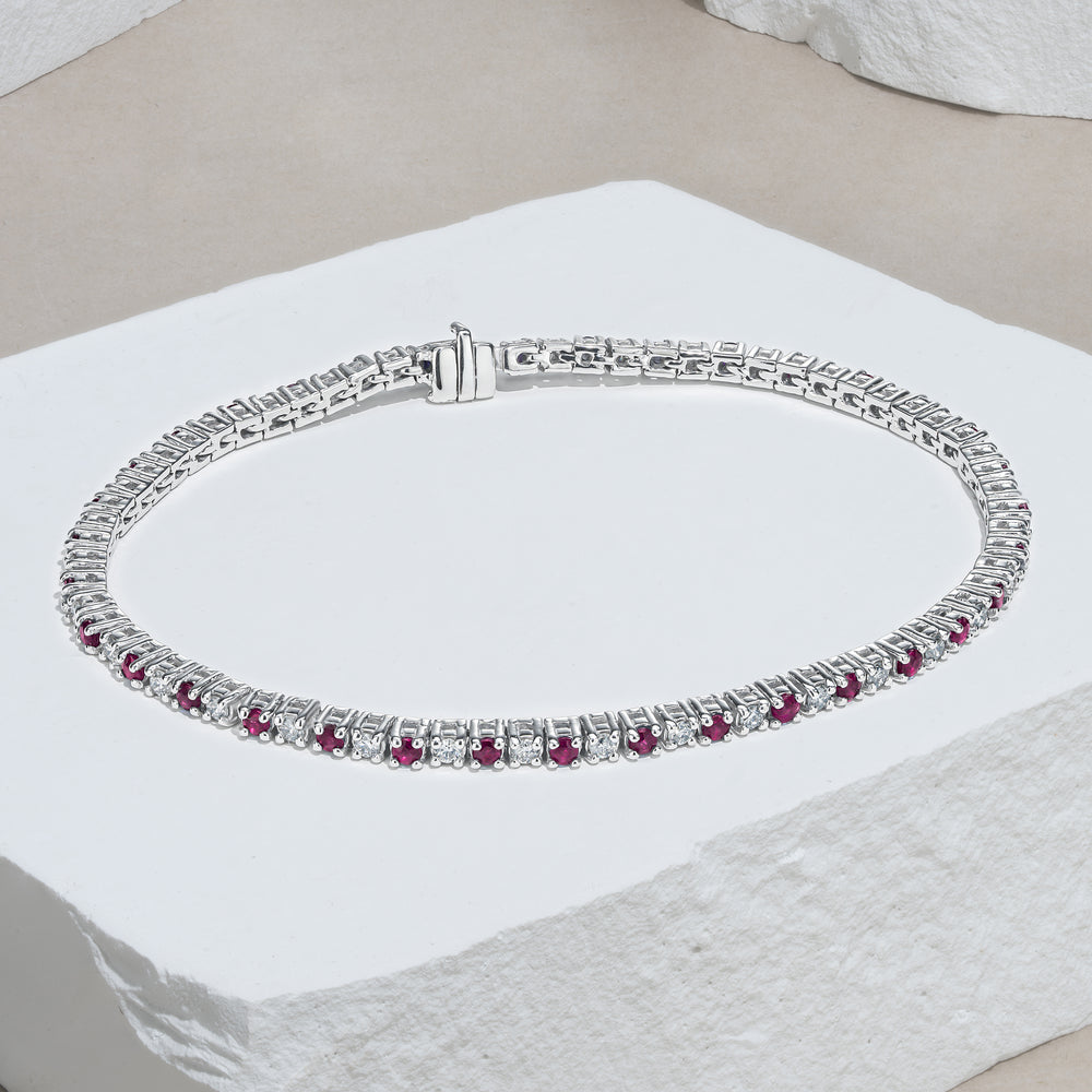 Ruby and 1ct Lab Diamond Tennis Bracelet in 925 Sterling Silver
