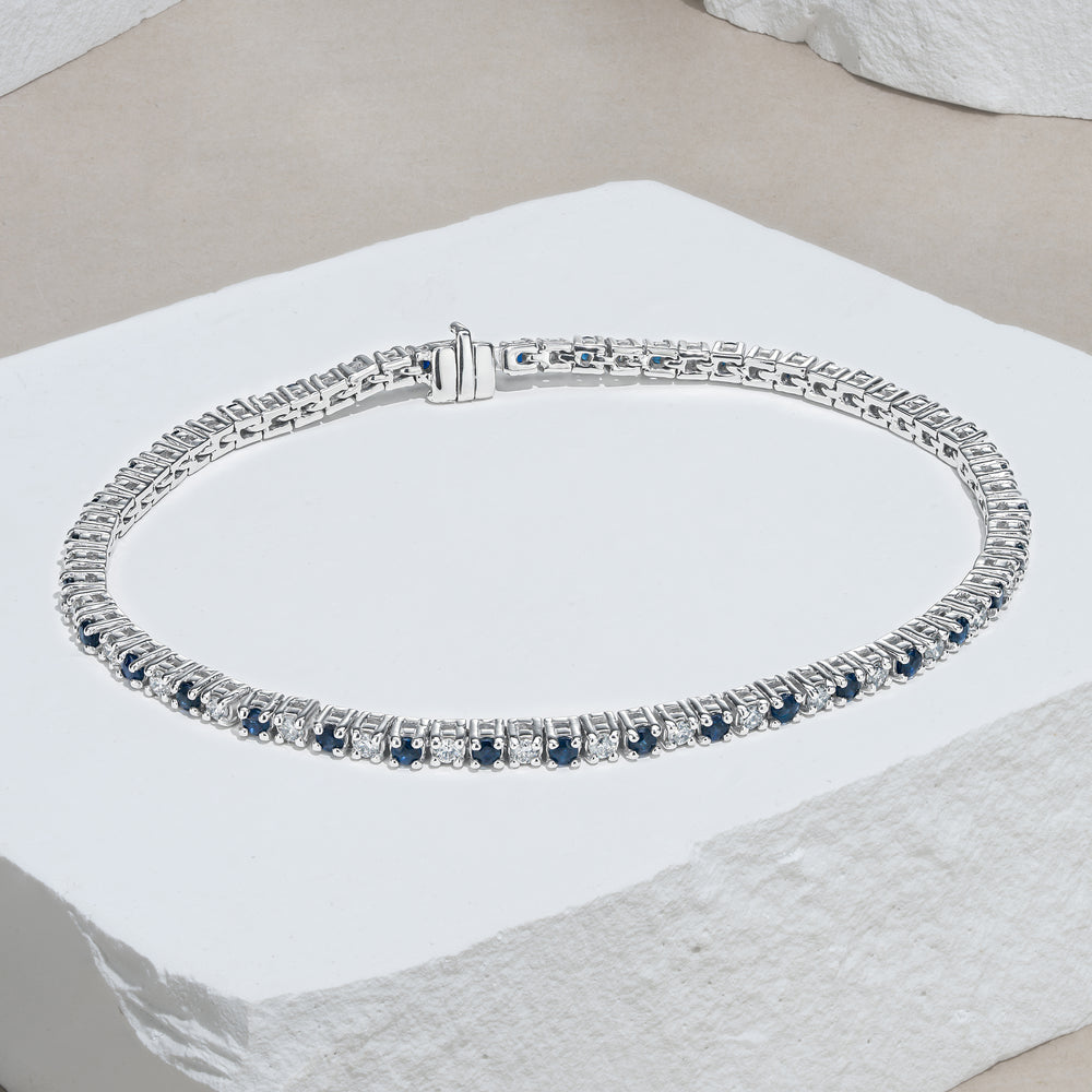 Blue Sapphire and 1ct Lab Diamond Tennis Bracelet in 925 Sterling Silver
