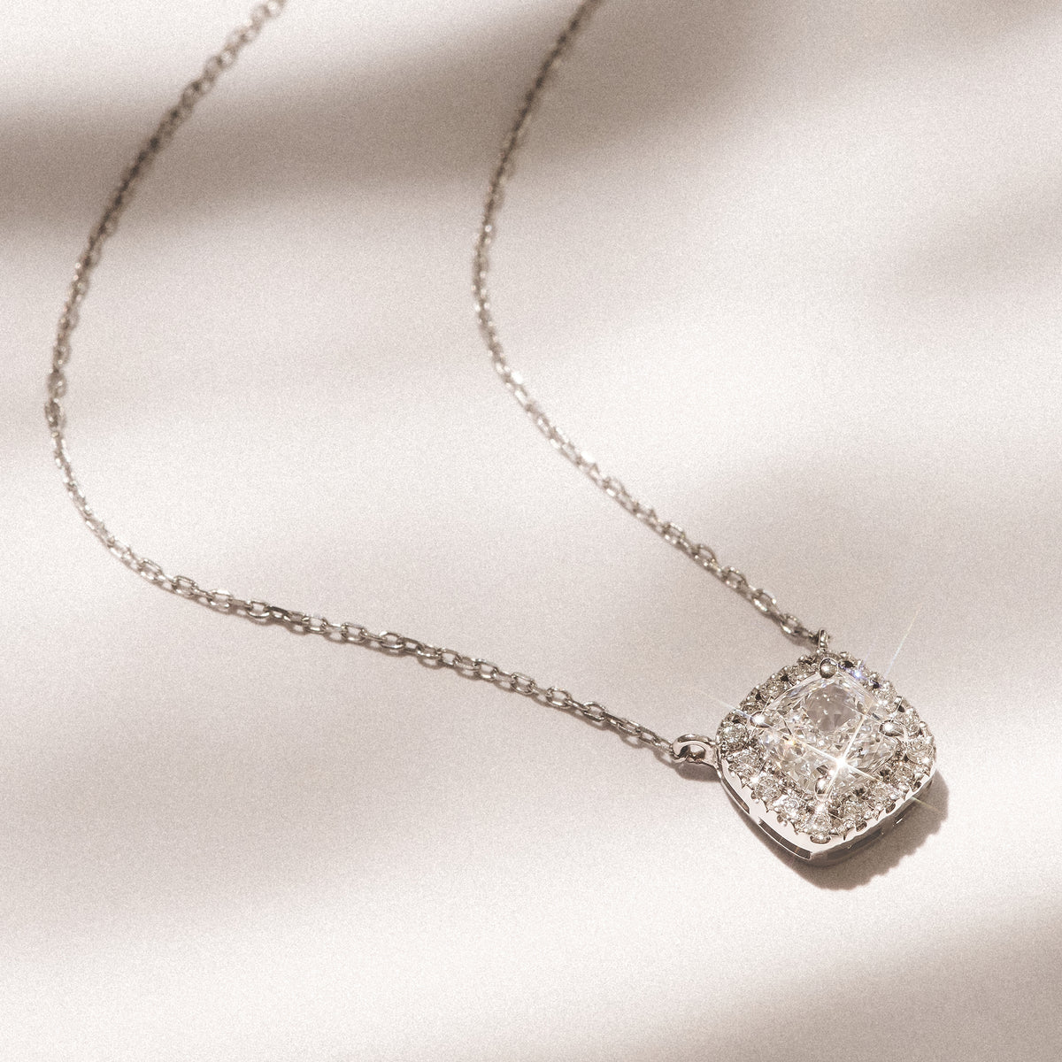 Lumia Cushion Cut Lab Diamond Halo Pendant 1.20ct F/VS in 9K White Gold