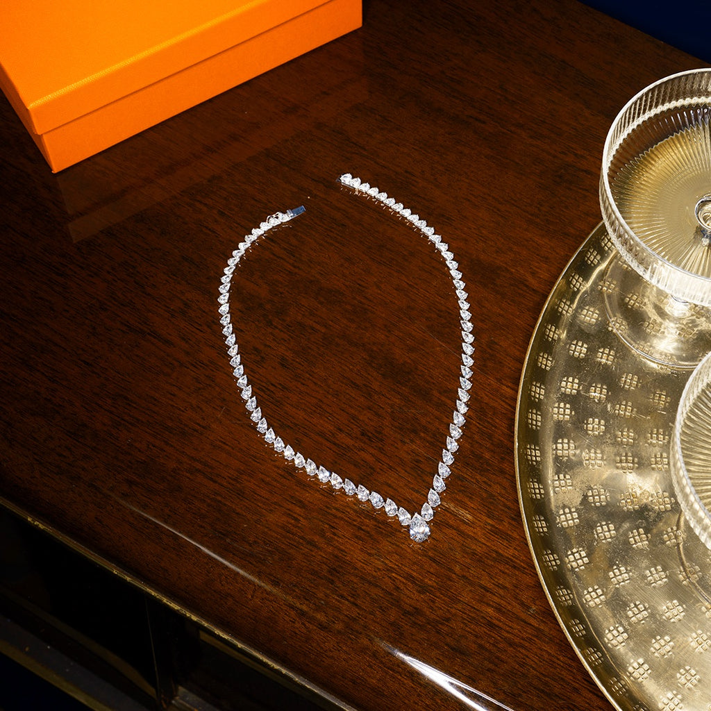 LUXE 32.00ct Lab Diamond Necklace with 3.00ct IGI Certified Pear-Cut Centre in 18K White Gold