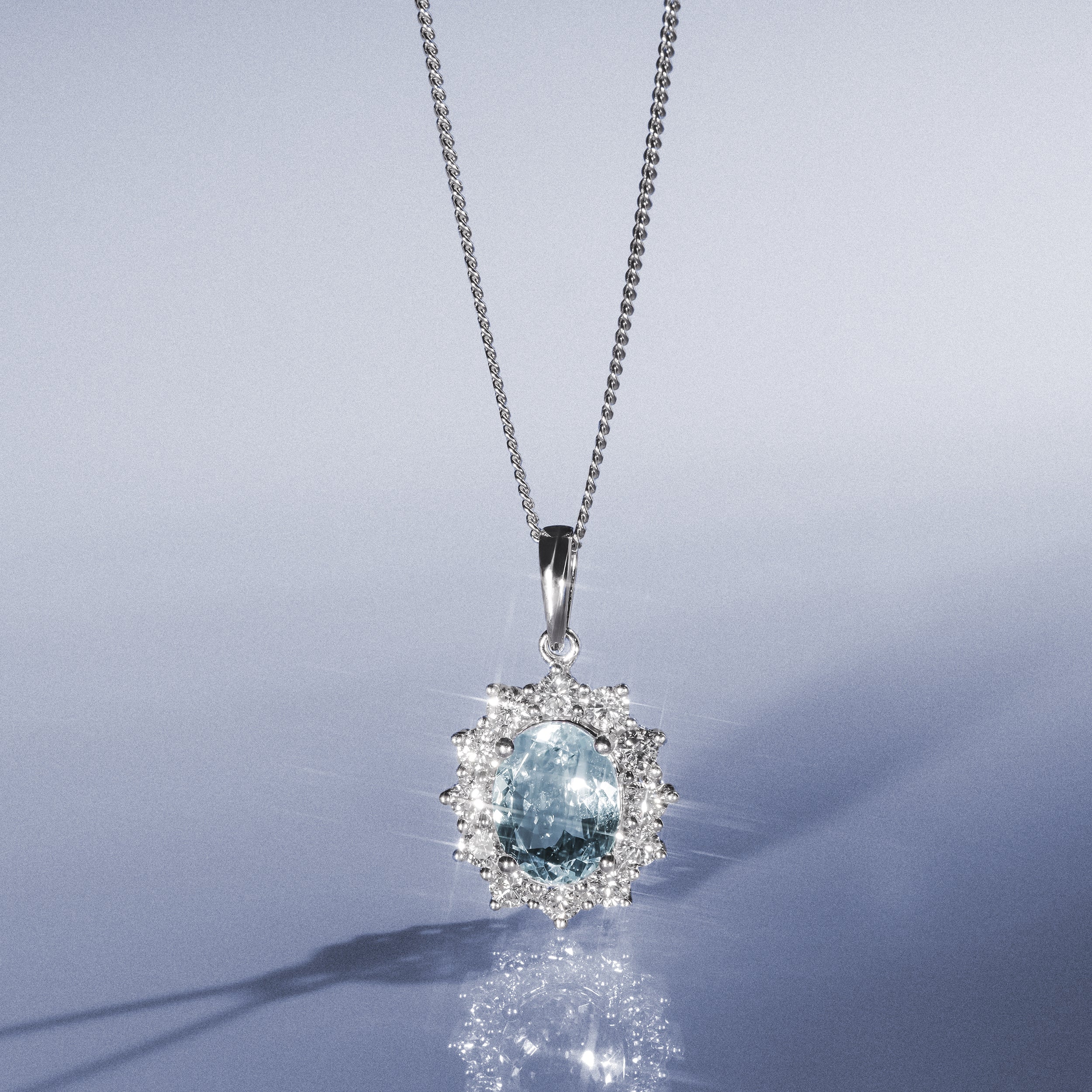 Aquamarine and Diamond Cluster Necklace Pendant 9x7mm 18K White Gold