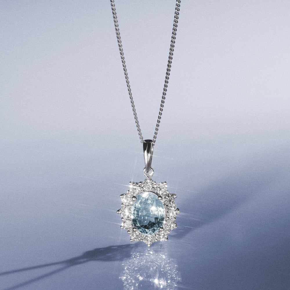 Aquamarine and Lab Diamond Cluster Necklace 9x7mm in 18K White Gold