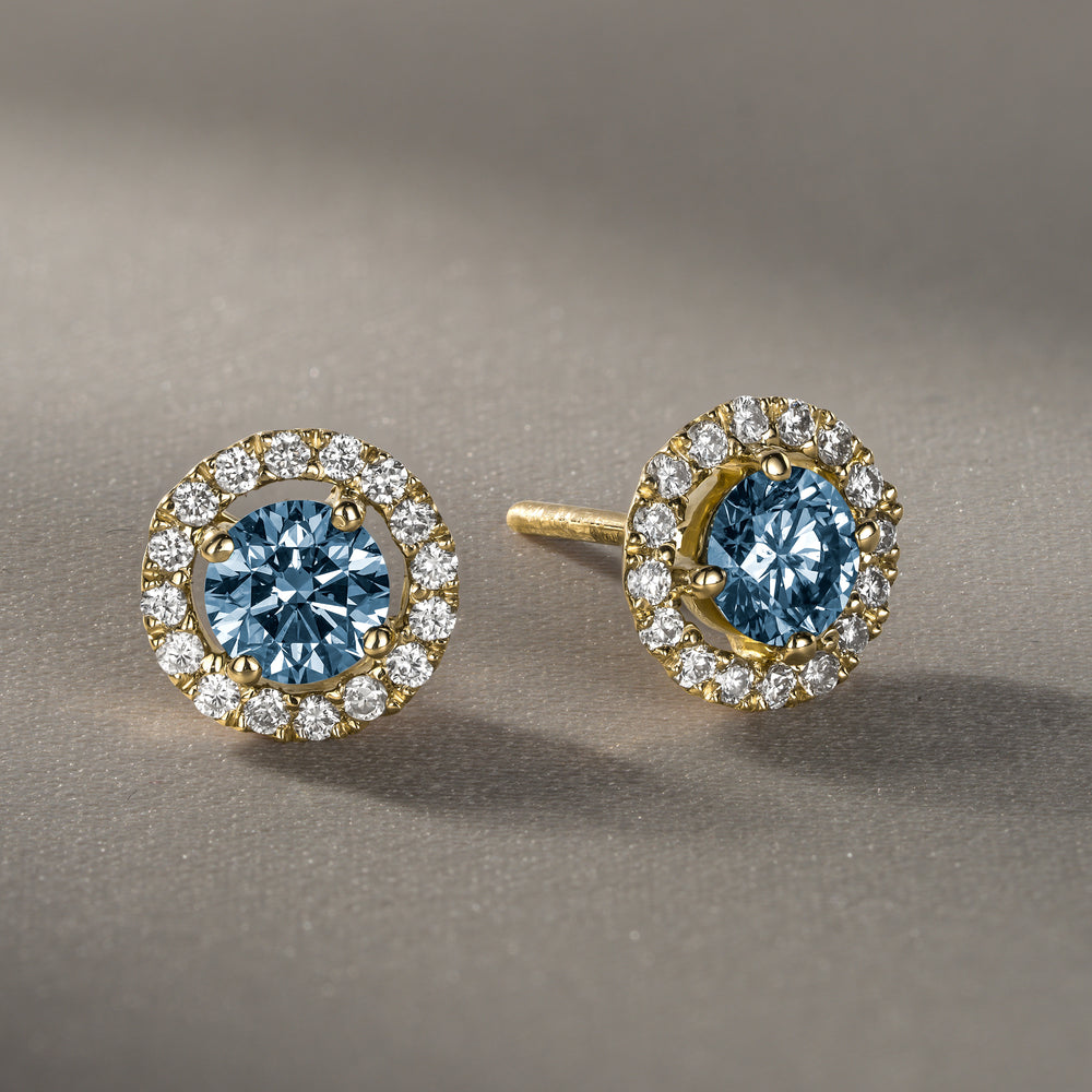 Ella Blue Lab Diamond 1.34ct Halo Earrings in 18K Yellow Gold - Elara Collection