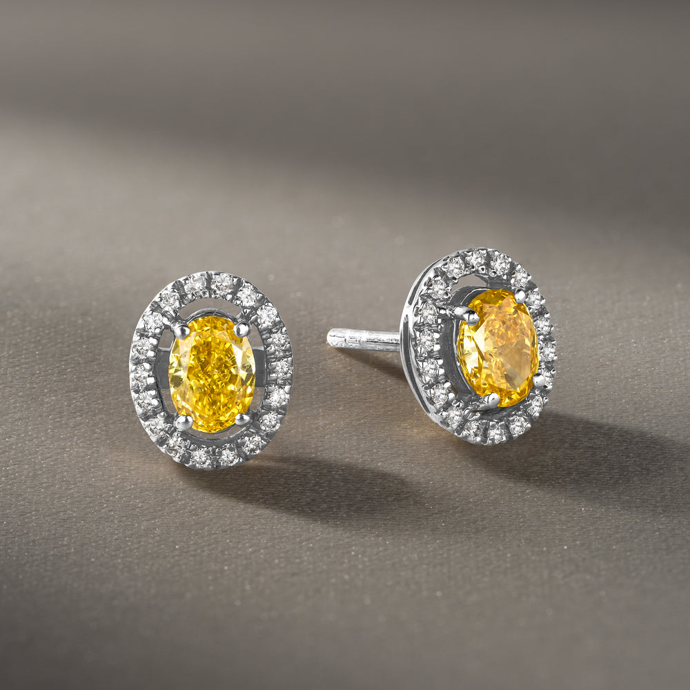 Georgina Yellow Lab Diamond 1.34ct Oval Halo Earrings in 18K White Gold - Elara Collection