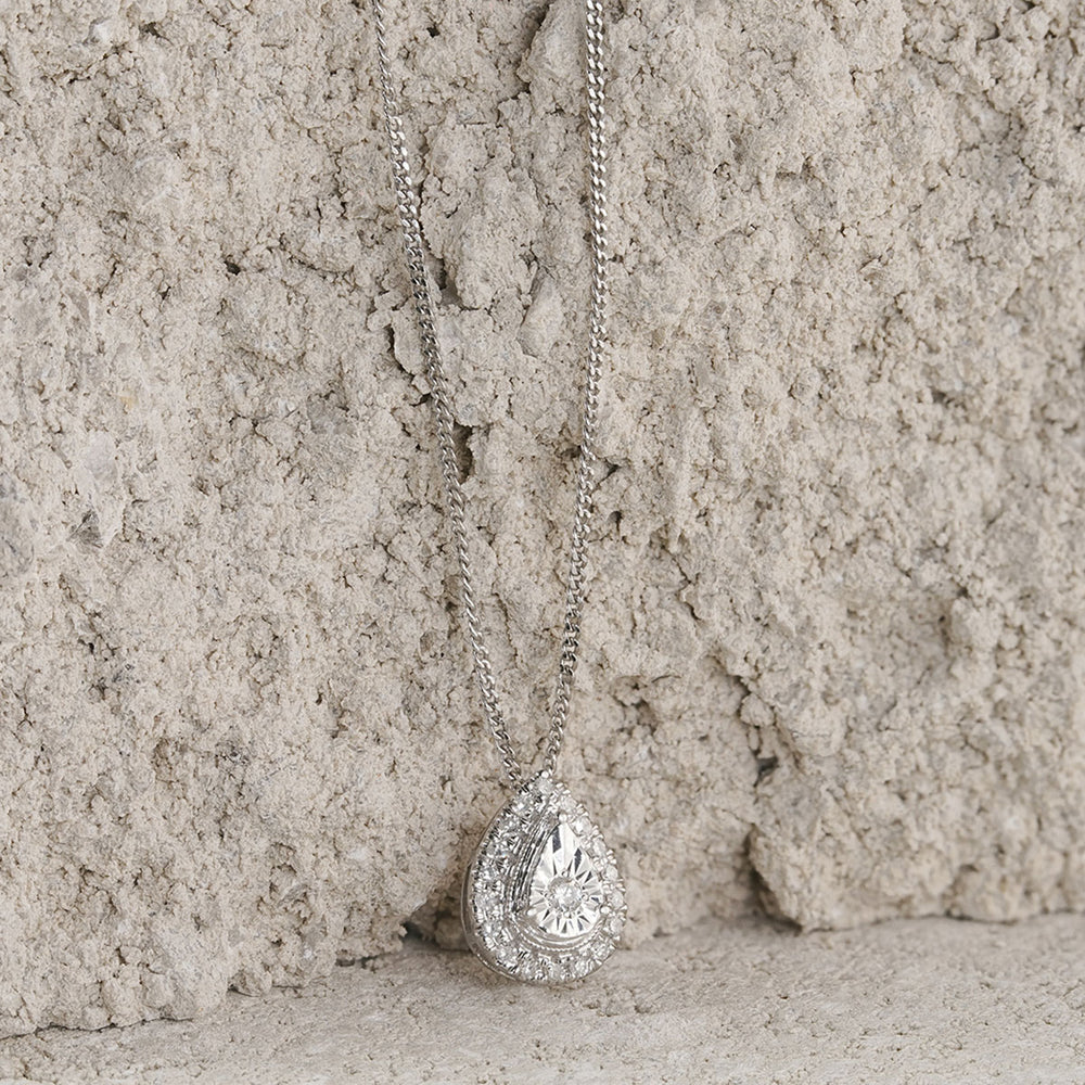 Masami Diamond Pear Halo Necklace 0.10ct Pave Set in 9K White Gold