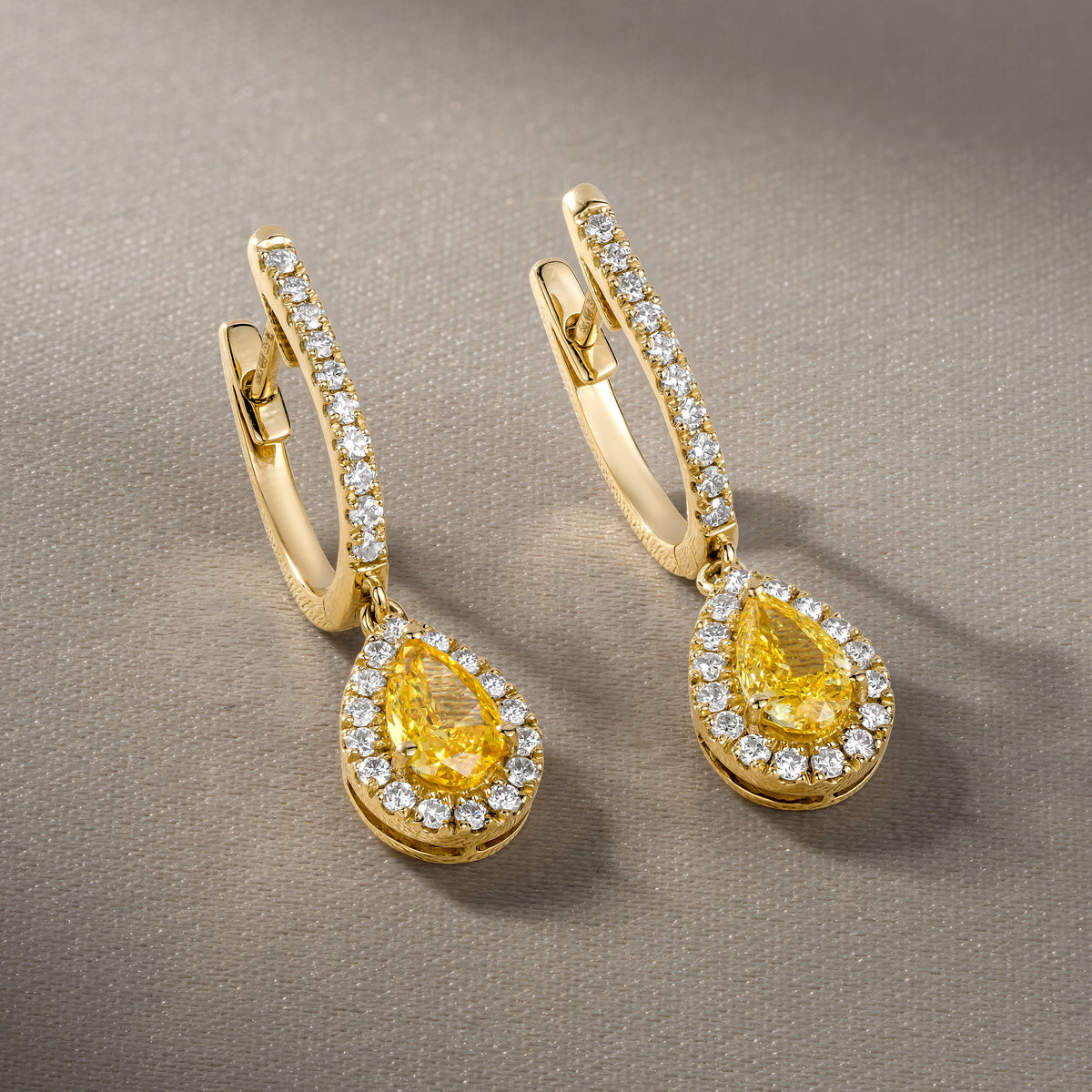 Diana Yellow Lab Diamond 1.48ct Pear Halo Drop Earrings in 18K Yellow Gold - Elara Collection