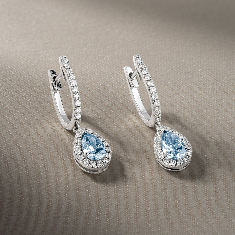 Diana Blue Lab Diamond 1.48ct Pear Halo Drop Earrings in 18K White Gold - Elara Collection