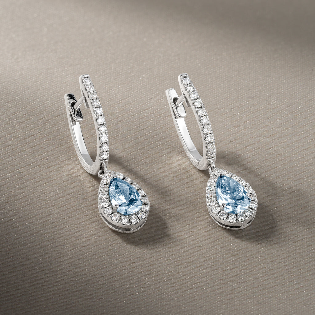 Diana Blue Lab Diamond 1.48ct Pear Halo Drop Earrings in 18K White Gold - Elara Collection