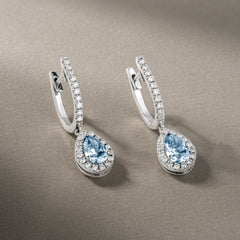 Diana Blue Lab Diamond 1.48ct Pear Halo Drop Earrings in 18K White Gold - Elara Collection