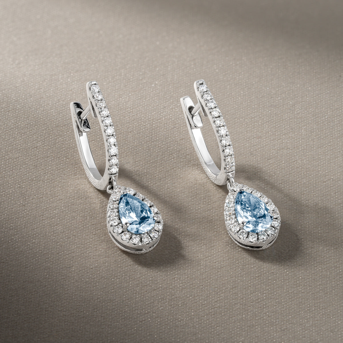 Diana Blue Lab Diamond 1.48ct Pear Halo Drop Earrings in 18K White Gold - Elara Collection
