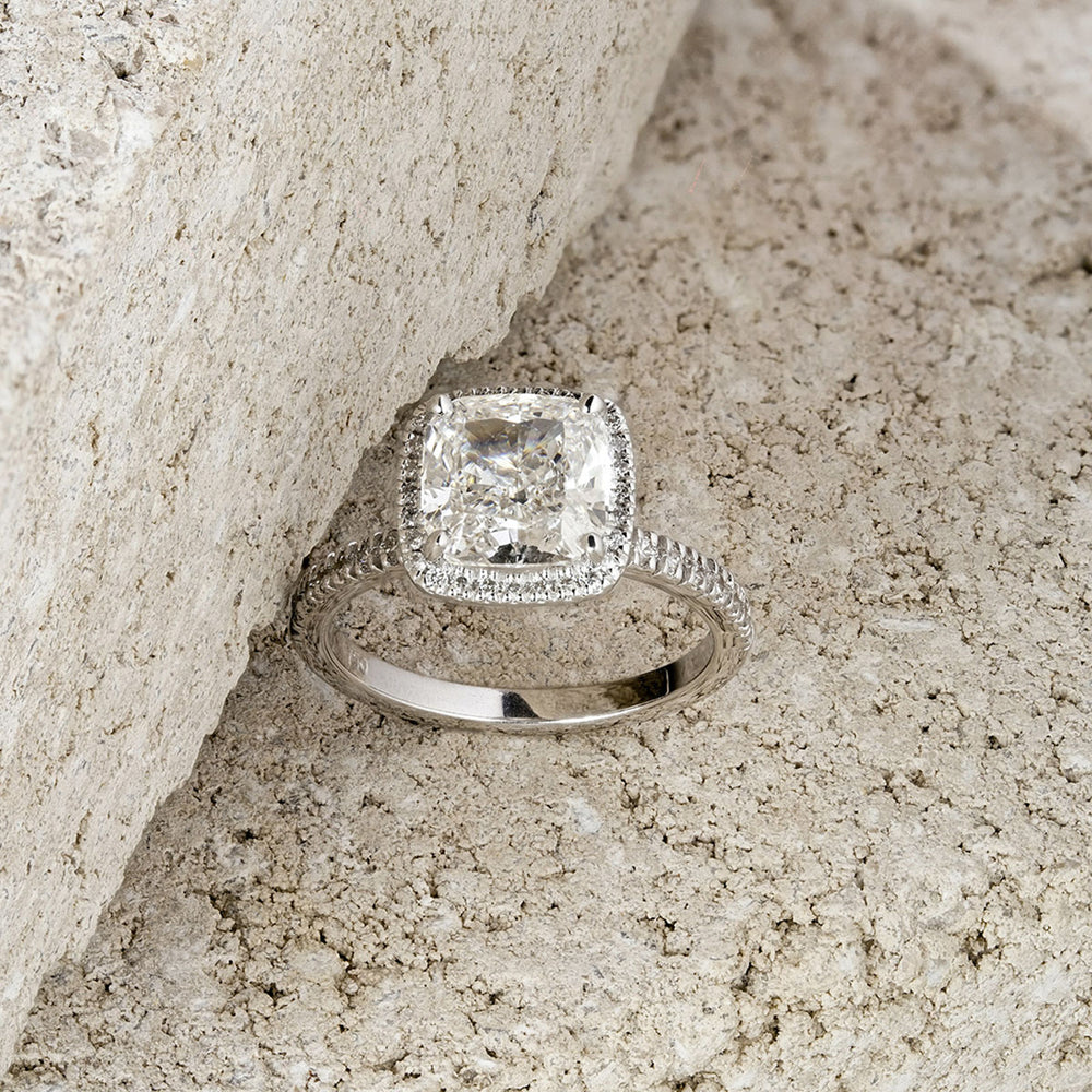 Beatrice 3.55ct Lab Diamond Cushion Cut Engagement Ring in 18K White Gold G/VS1