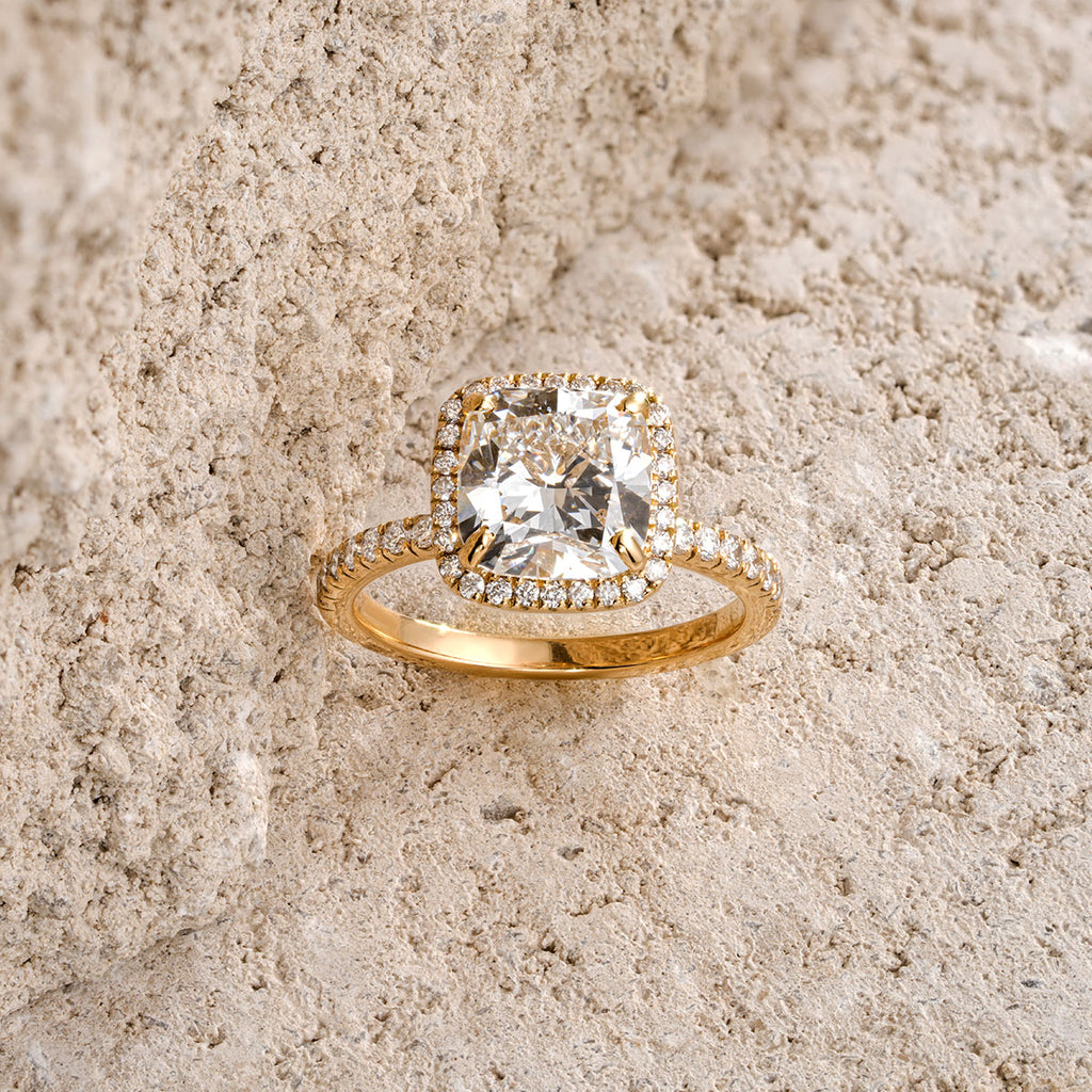 Beatrice 3.55ct Lab Diamond Cushion Cut Engagement Ring in 18K Yellow Gold G/VS1