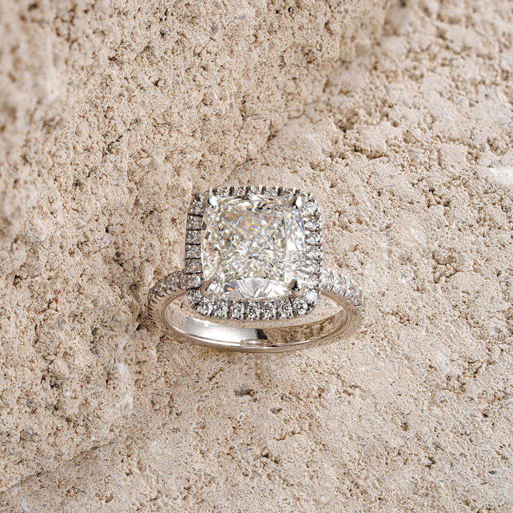 Beatrice 5.75ct Lab Diamond Cushion Cut Engagement Ring in 18K White Gold G/VS1