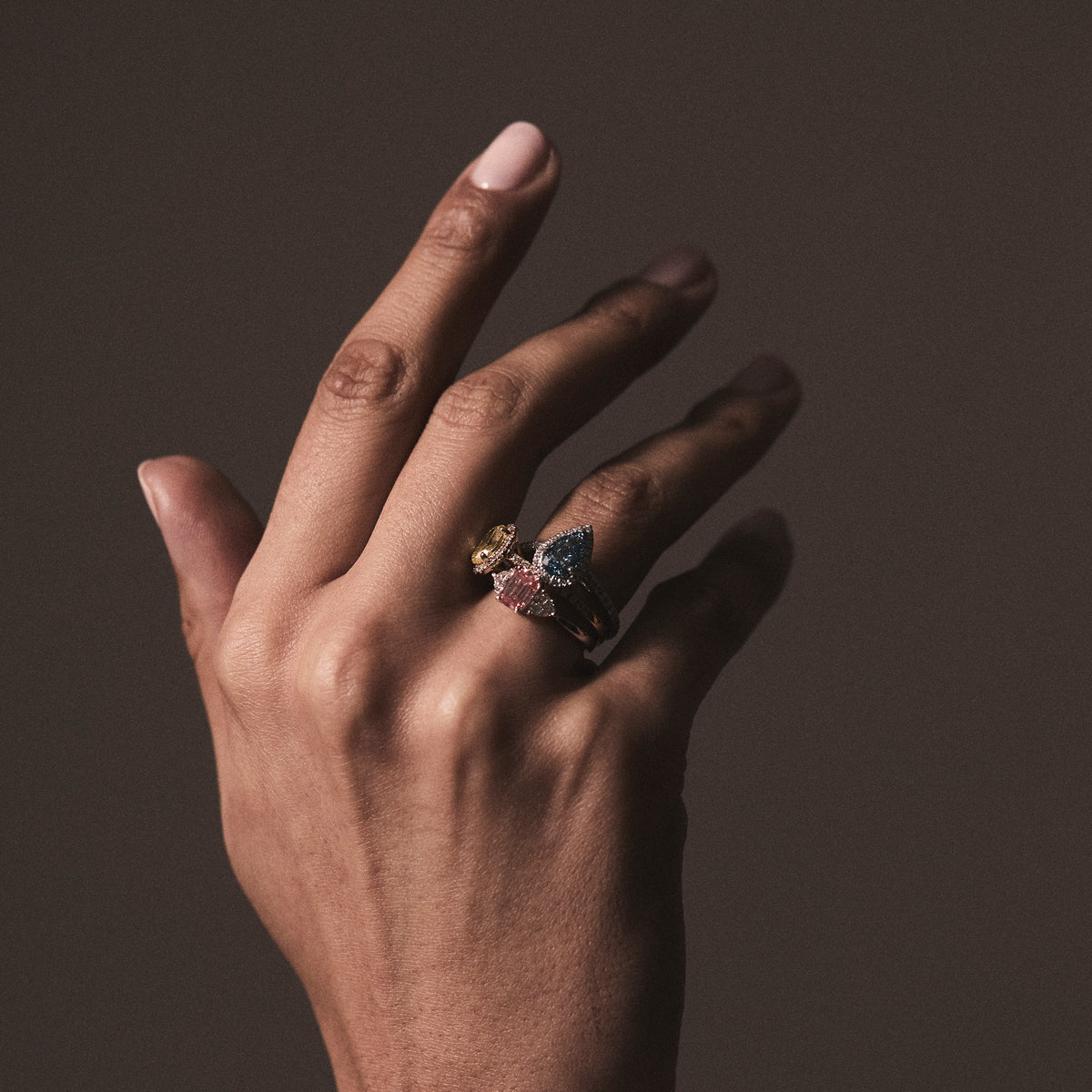 Aurora Pink Lab Diamond Emerald Cut and Trillion 1.70ct Ring in Platinum - Elara Collection