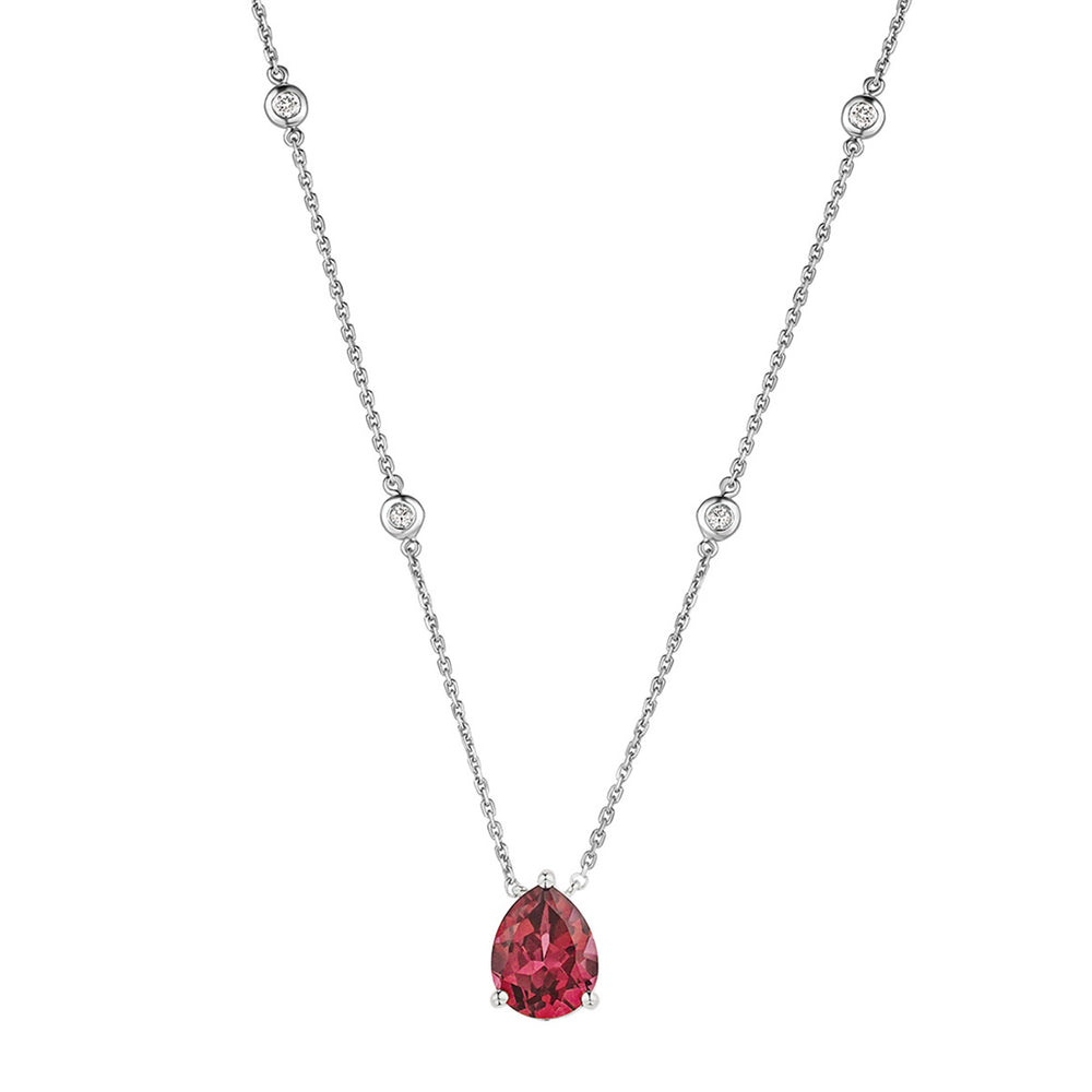Astra 3.50ct Lab Ruby and Diamond Solitaire Pear Cut Necklace in Silver