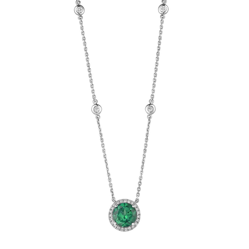 Astra 2.30ct Lab Emerald and Diamond Halo Round Cut Necklace in Silver