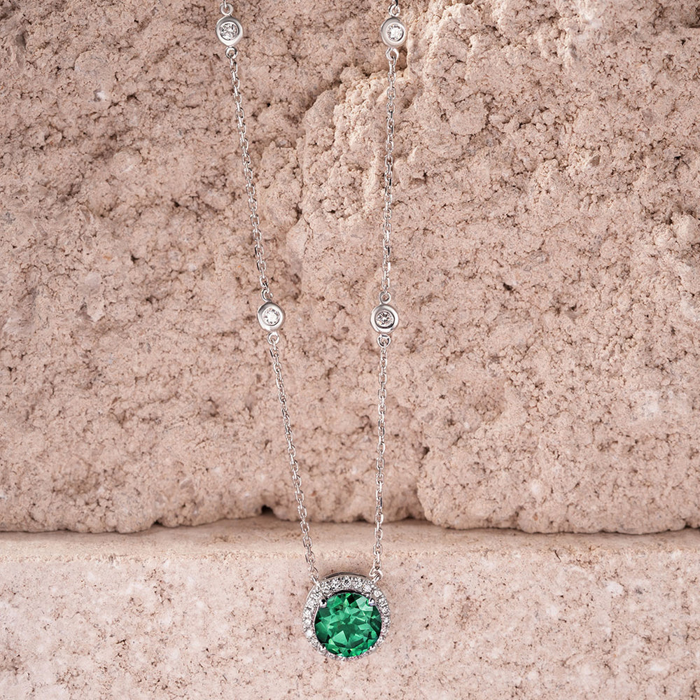 Astra 2.30ct Lab Emerald and Diamond Halo Round Cut Necklace in Silver