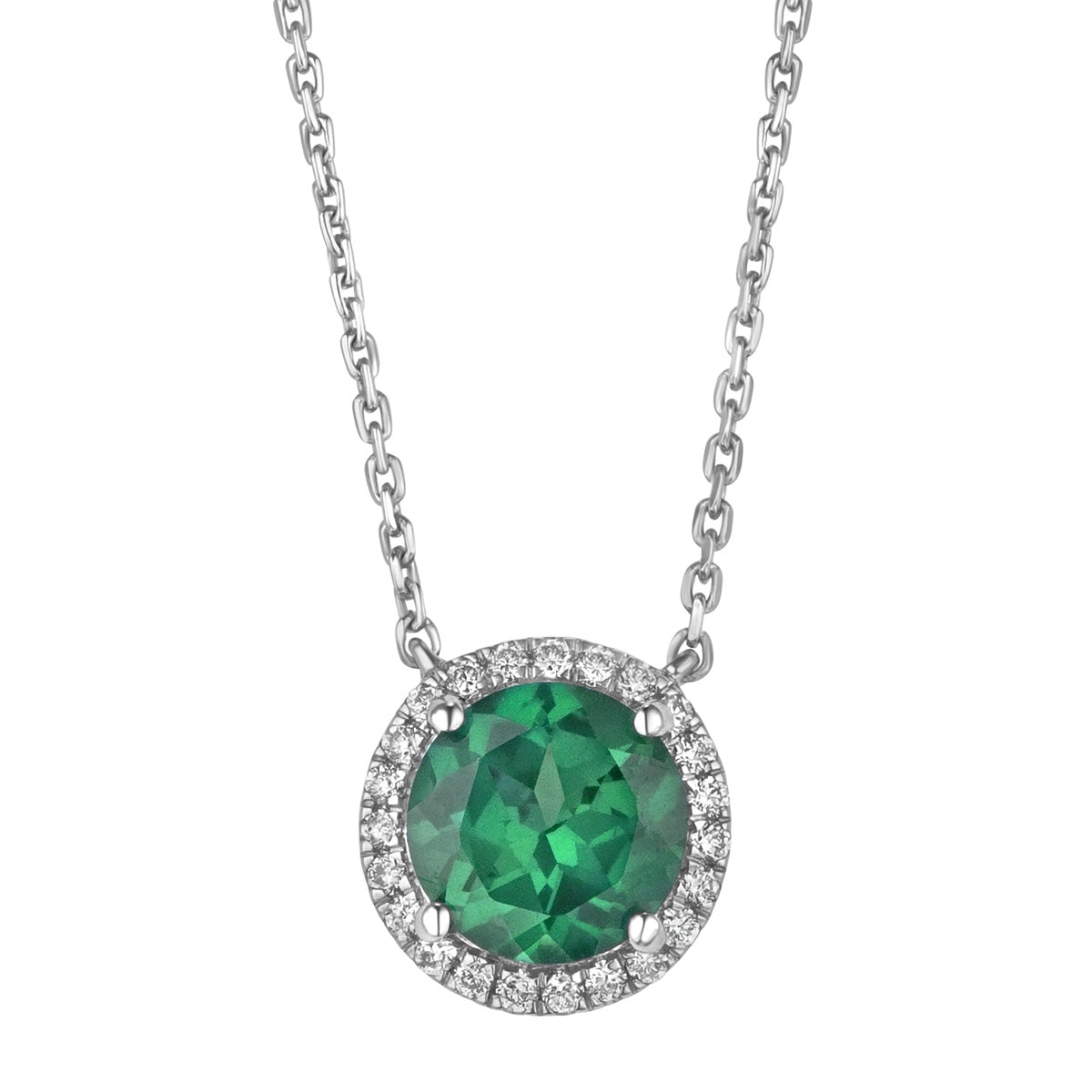 Astra 2.30ct Lab Emerald and Diamond Halo Round Cut Necklace in Silver