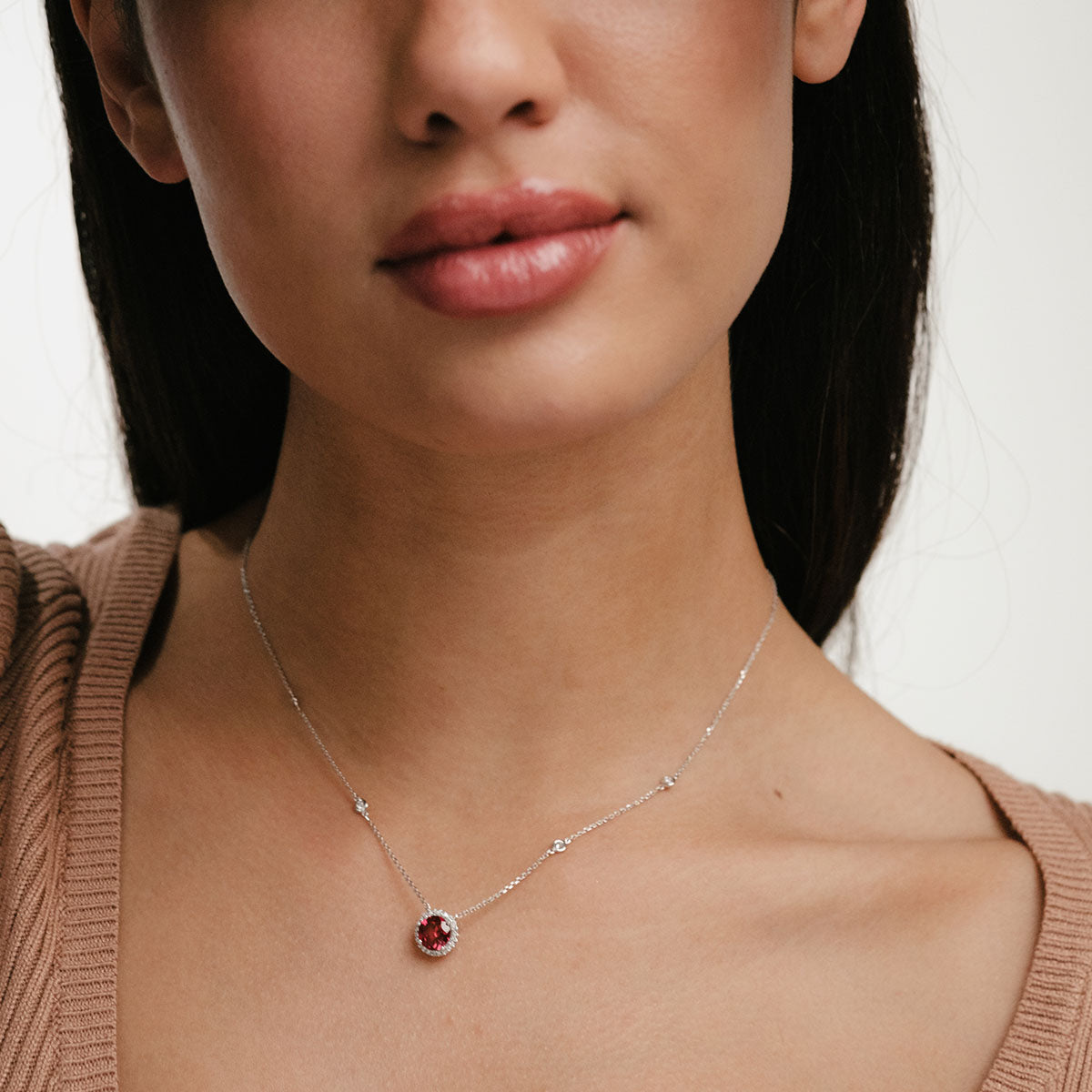Astra 3.60ct Lab Ruby and Diamond Halo Round Cut Necklace in Silver