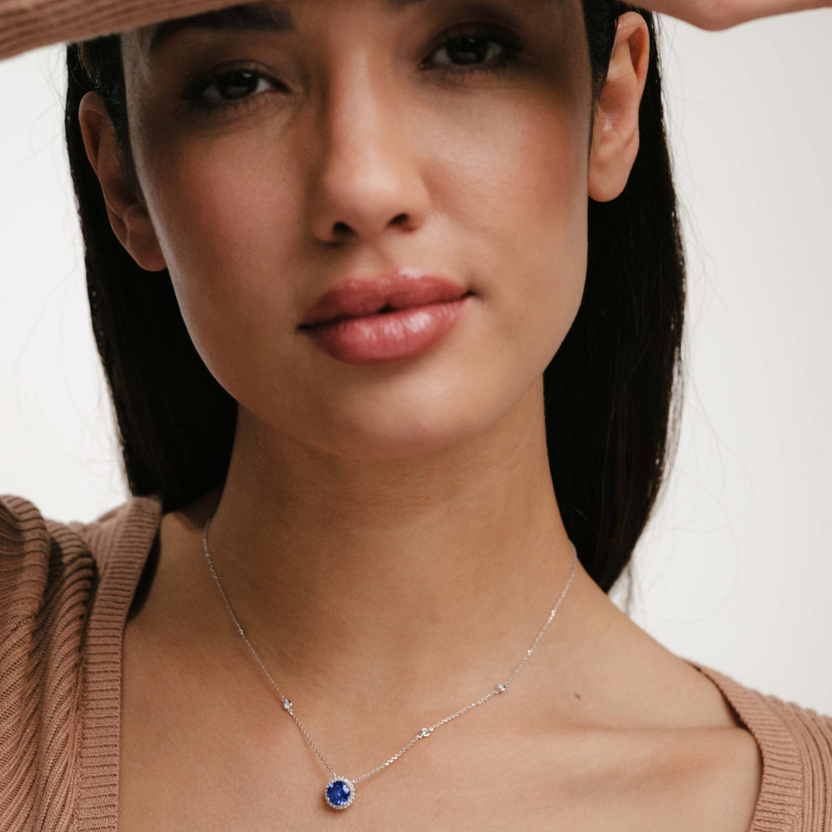 Astra 3.50ct Lab Sapphire and Diamond Halo Round Cut Necklace in Silver