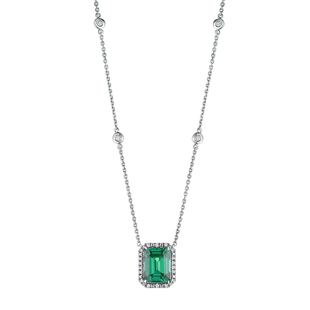 Astra 1.50ct Lab Emerald and Diamond Halo Octagon Cut Necklace in Silver