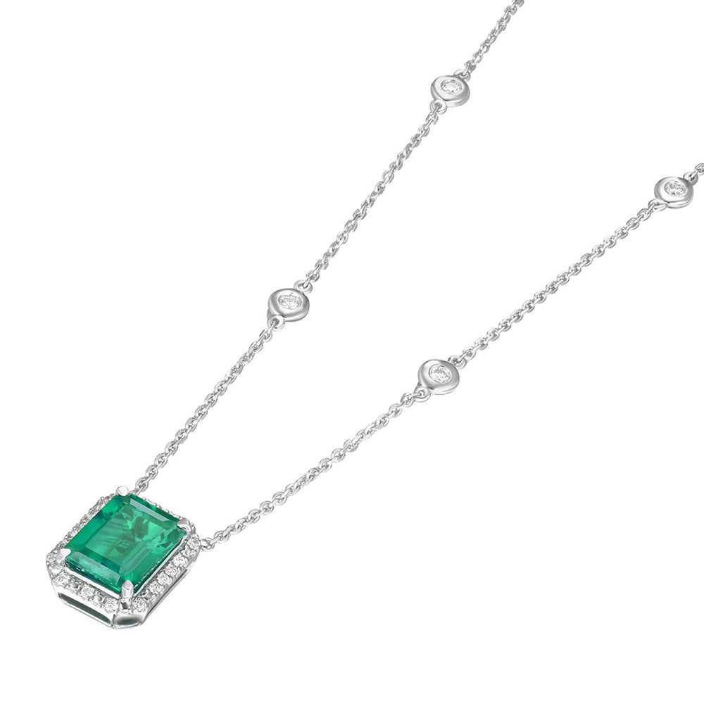 Astra 1.50ct Lab Emerald and Diamond Halo Octagon Cut Necklace in Silver