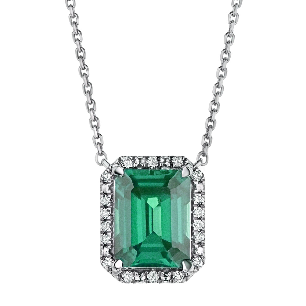 Astra 1.50ct Lab Emerald and Diamond Halo Octagon Cut Necklace in Silver
