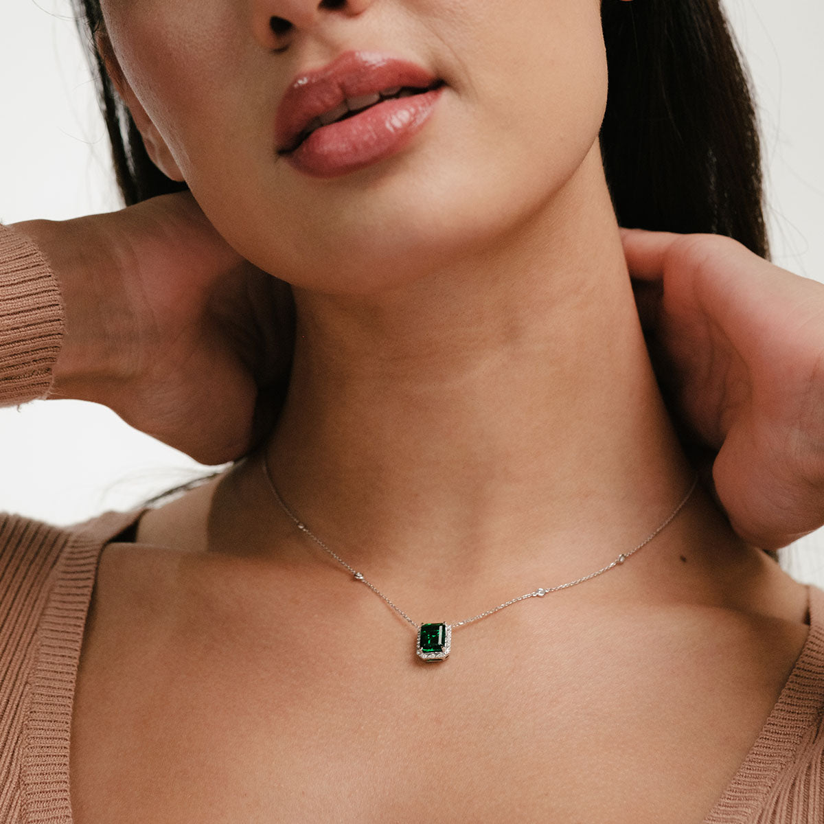 Astra 1.50ct Lab Emerald and Diamond Halo Octagon Cut Necklace in Silver