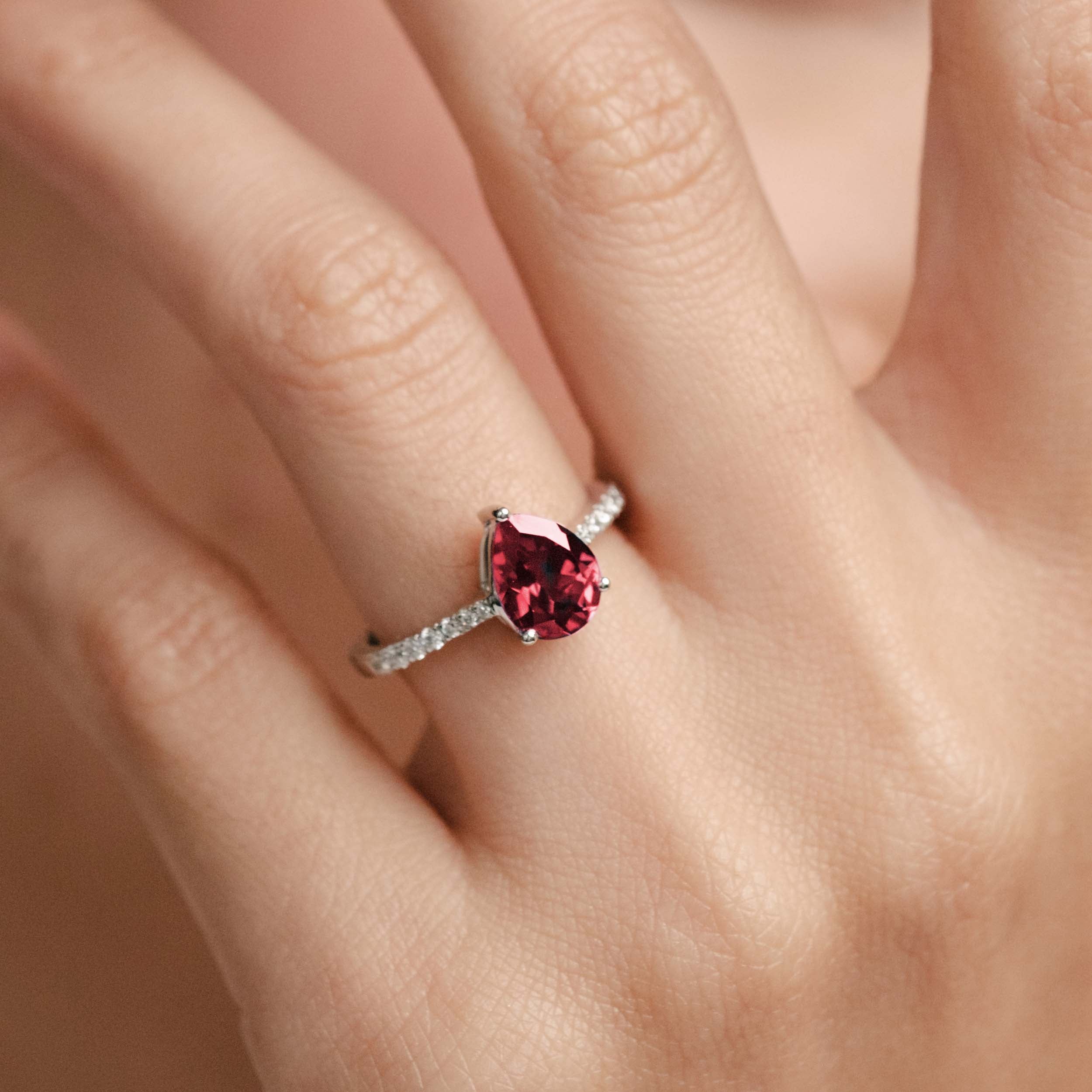 Astra 3.50ct Lab Ruby and Diamond Shoulder Set Pear Cut Ring in Silver