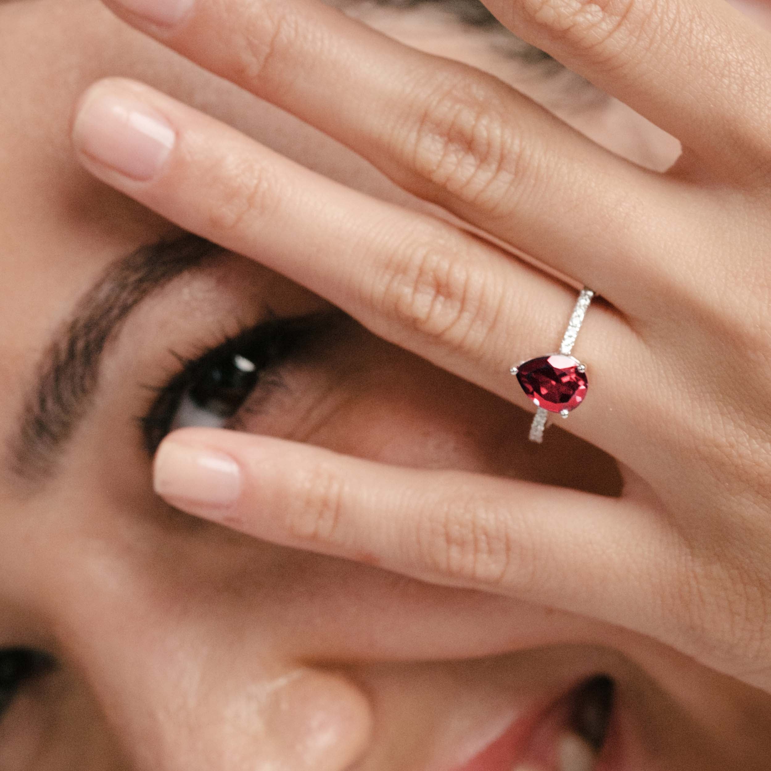 Astra 3.50ct Lab Ruby and Diamond Shoulder Set Pear Cut Ring in Silver