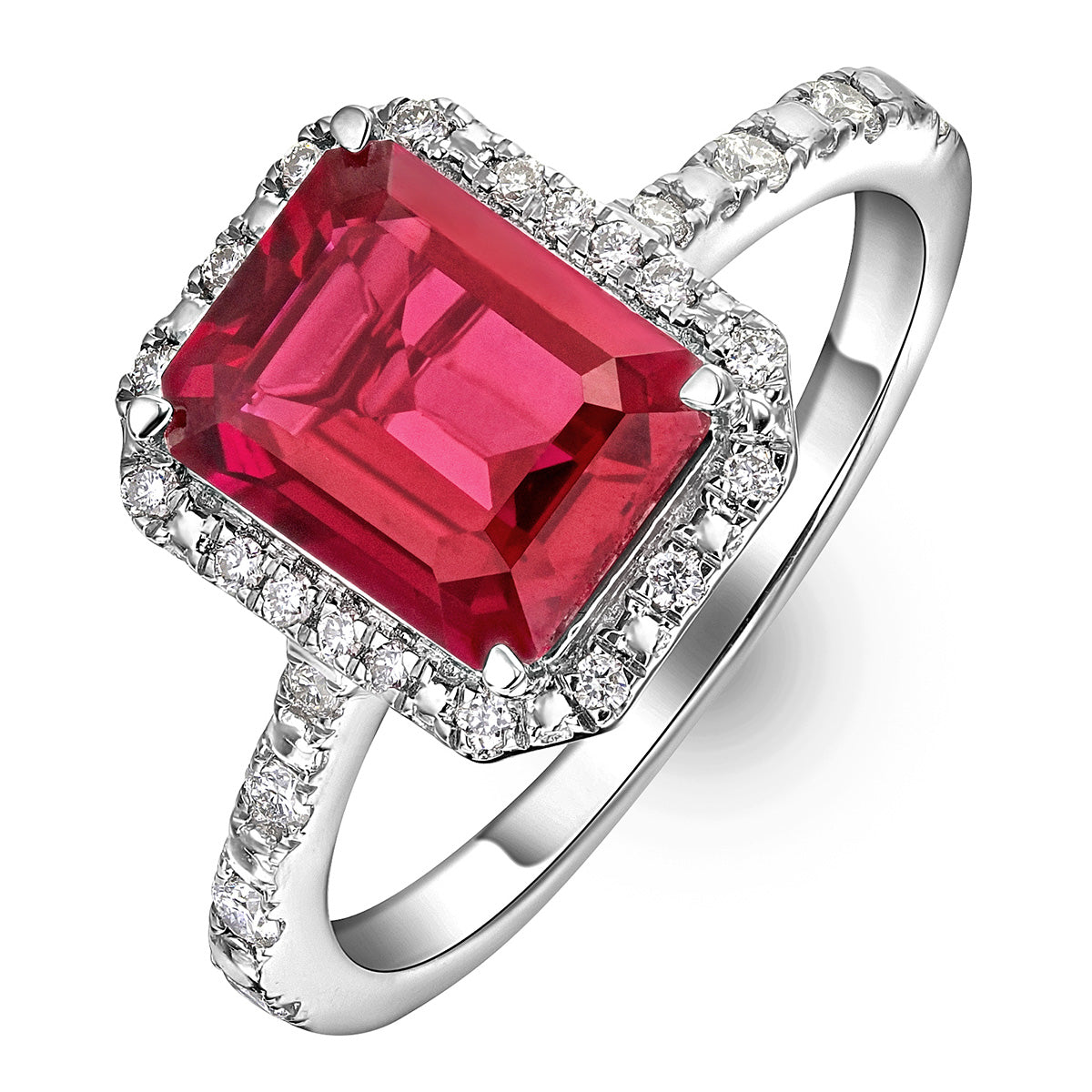 Astra Ruby Astra 1.90ct Lab Ruby and Diamond Halo Shoulder Set Octagon Cut Ring i ...