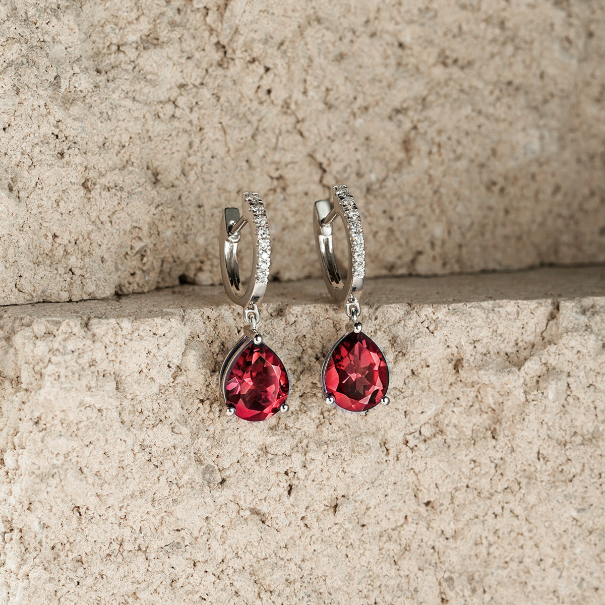 Astra 6.80ct Lab Ruby and Diamond Drop Pear Cut Earrings in Silver