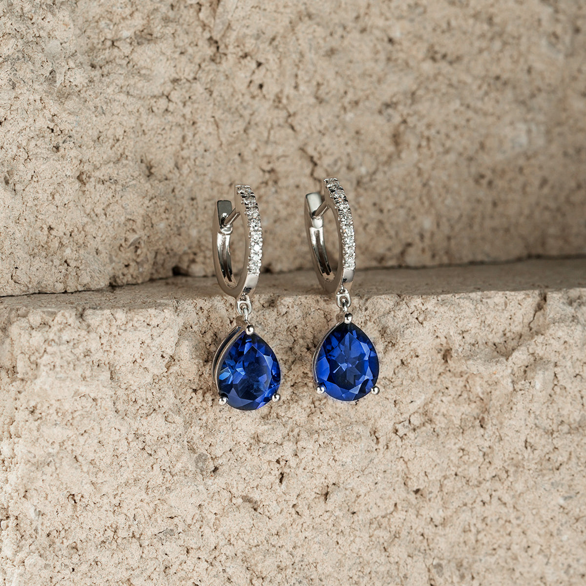 Astra 6.50ct Lab Sapphire and Diamond Drop Pear Cut Earrings in Silver