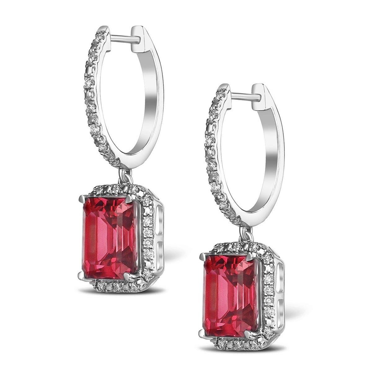 Astra Ruby Astra 3.50ct Lab Ruby and Diamond Drop Halo Octagon Cut Earrings in Si ...
