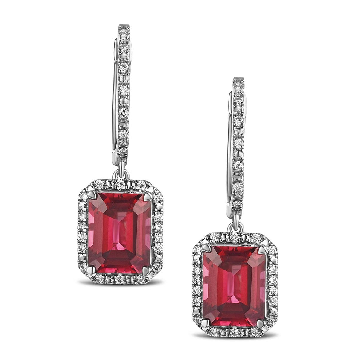 Astra Ruby Astra 3.50ct Lab Ruby and Diamond Drop Halo Octagon Cut Earrings in Si ...