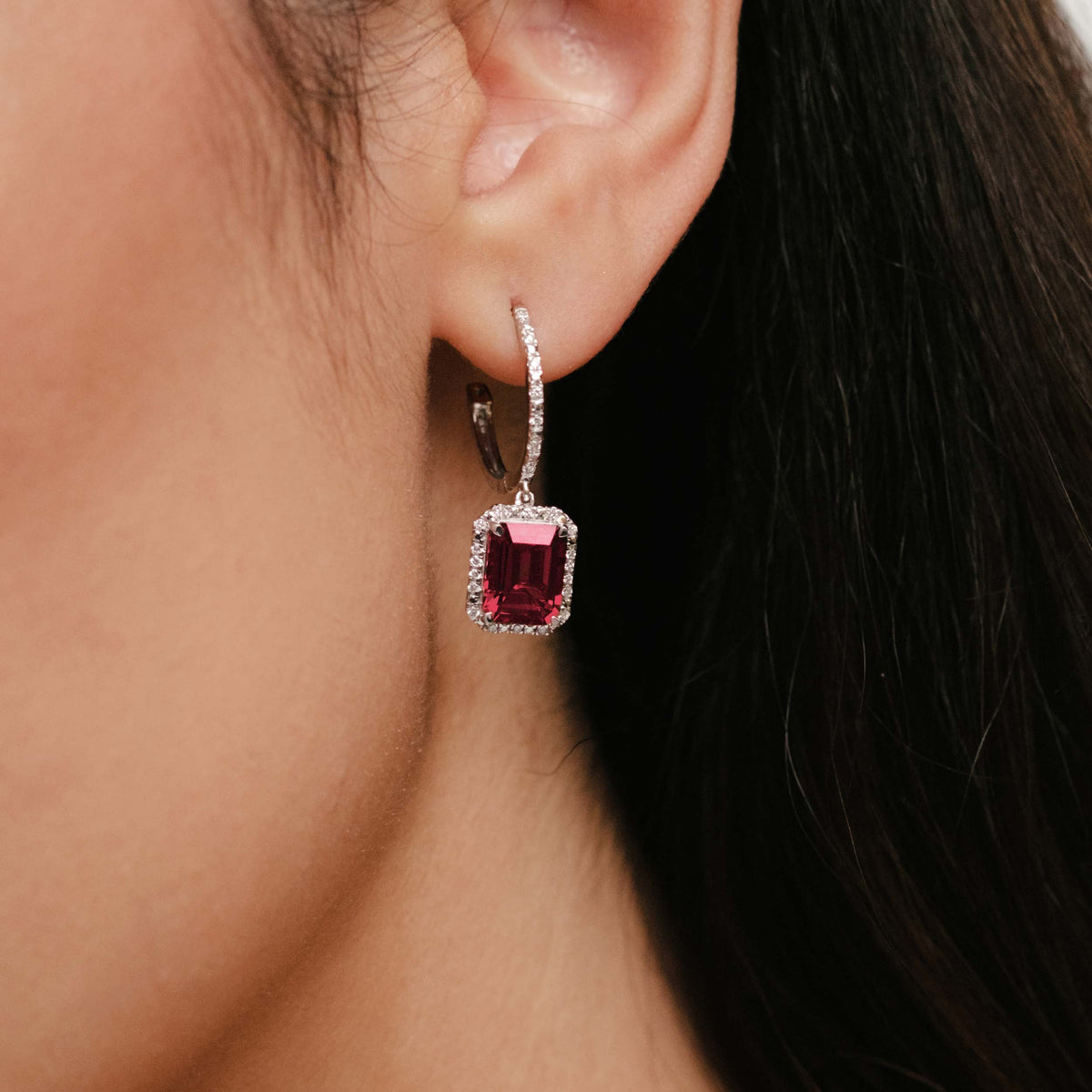 Astra Ruby Astra 3.50ct Lab Ruby and Diamond Drop Halo Octagon Cut Earrings in Si ...