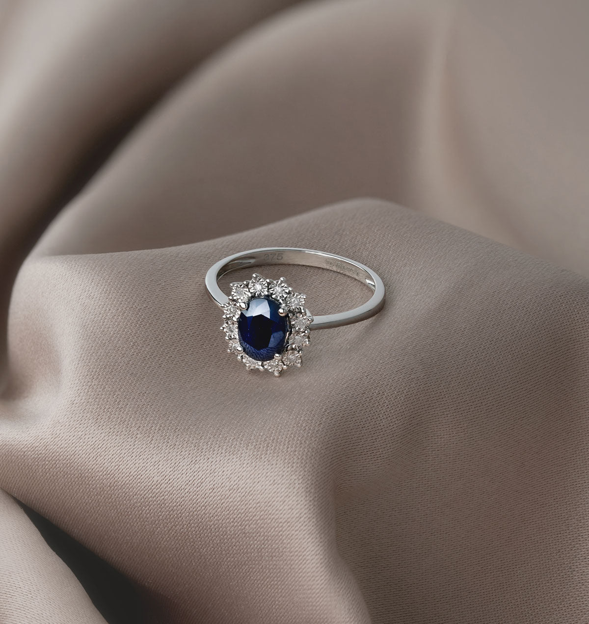 Sapphire Ring With Diamond Halo 7 x 5mm Set in 9K White Gold