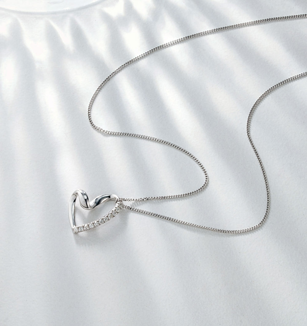 Heart Pendant Necklace 0.10ct Diamond 9K White Gold