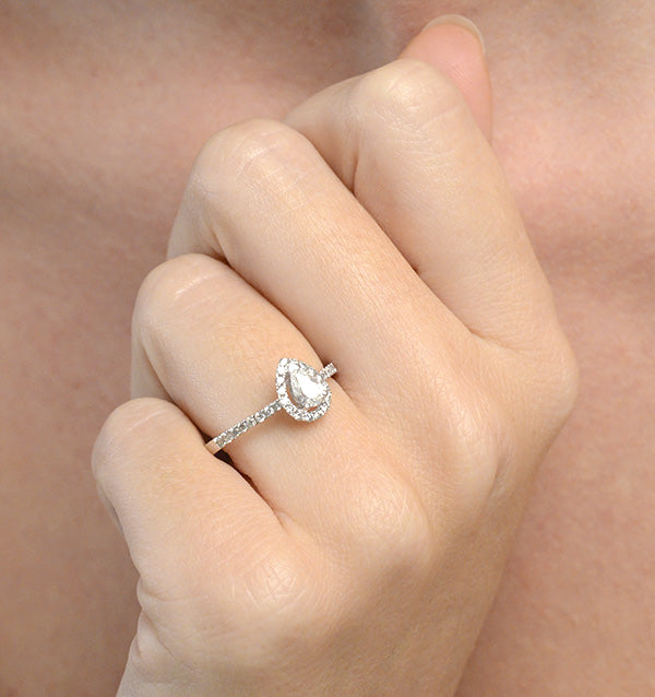 Halo Engagement Ring Ella 0.81ct VS Pear Shape Diamond 18K White Gold