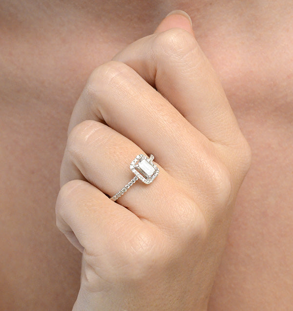 Halo Engagement Ring Ella 0.80ct VS Emerald Cut Diamonds 18KW Gold